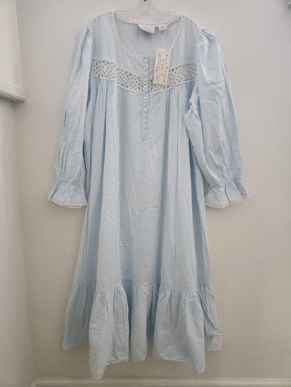 Allison Rhea Lg Vintage Nightgown Cotton Blue Crochet Long Sleeve Loose Fitted